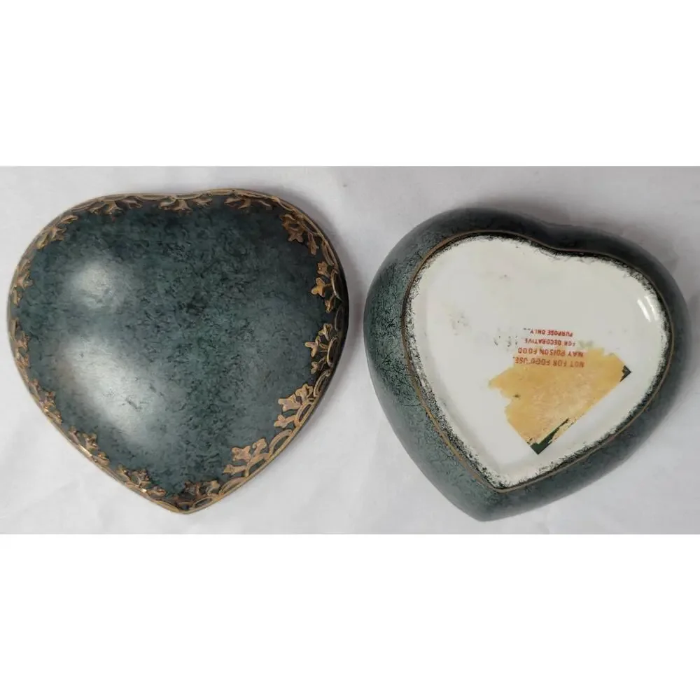 Vintage Green Ceramic With Gold Trim Jewelry Box
